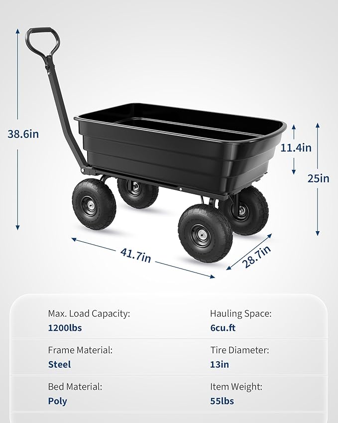 GarveeLife Poly Dump Cart - Heavy Duty 1200lbs Garden Cart with Quick-Release Dumping 13" Tires, Utility Wagon for Yard Work, Landscaping, Gardening