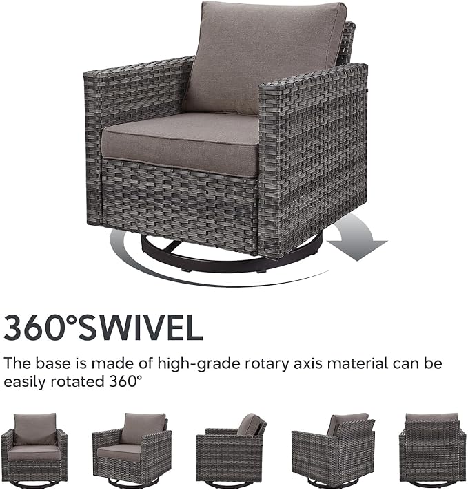 7 Piece Wicker Patio Furniture Set - Outdoor Swivel Rocker Chairs Set with Coffee Table, Side Table, 3 Seat Sofa & Ottomans, Small Patio Conversation Sets for Balcony Deck - Grey/Grey