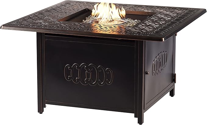 Oakland Living Black Aluminum Patio Fire Table Set with Two Deep Seating Loveseat with Cushions and Two Club Chairs with Red Cushions