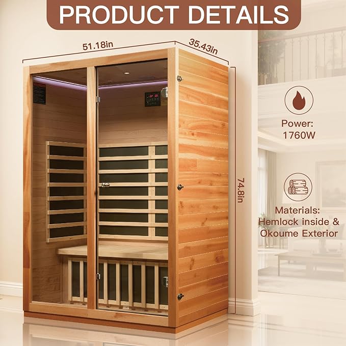 2 Person Infrared Sauna for Home, Low EMF Heater Panels & Chromotherapy Lighting, 1760W/120V, Perfect for Personal Home Sauna for Relaxation and Spa Wellness, 51.18" x 35.43" x 74.8"