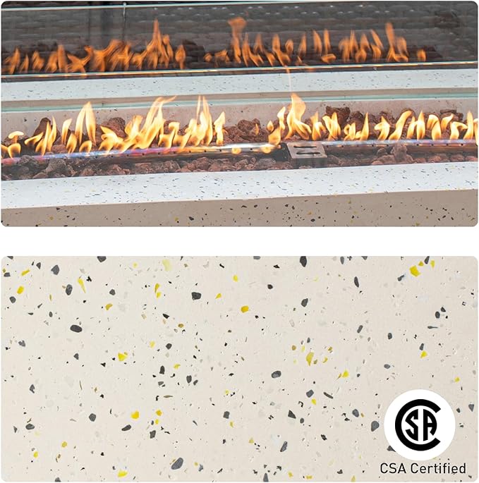COSIEST Outdoor Propane Fire Pit Coffee Table, 42-inch x 13-inch Terrazzo Rectangle Base Patio Heater w Certified, 50,000 BTU Stainless Steel Burner, Wind Guard, Free Lava Rocks and Rain Cover