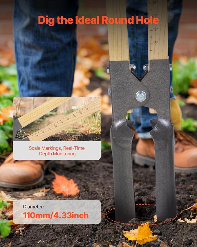 VEVOR Post Hole Digger, Heavy Duty Post Hole Digger with Wood Handle, Manual Hole Digger with Scale Markings and Metal Blade, Post Hole Digger Tool for Digging Yard Work Gardening Outdoors, 57.5-Inch