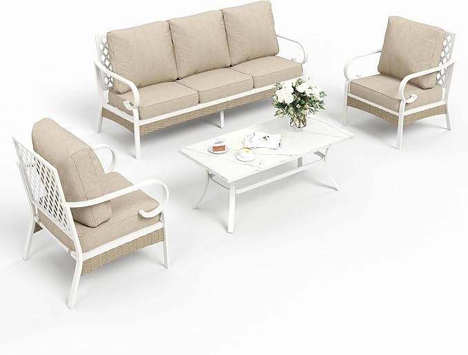SUNSHINE VALLEY 4 Piece Metal Outdoor Patio Furniture Set, Patio Conversation Sets 1 3-seater Sofa, 2 Single Sofa with 5.75" Extra Thick Cushion and Coffee Table, White Frame Backyard Furniture, Beige