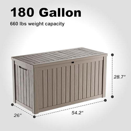 180Gallon Waterproof Outdoor Storage Box, UV Resistant Resin Deck Box with Hydraulic Rod for Reinforced Stability, Perfect for Patio, Garden, and Pool, Striped Beige