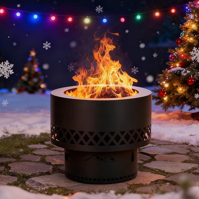 16In Smokeless Fire Pit - Wood Burning Firepit Table with Removable Ash Pan & Dust Bag, Outdoor Fireplace for Patio BBQ, Camping, Bonfire