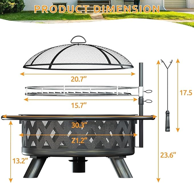 Amopatio Outdoor Fire Pit with Lid, 30 Inch Large Outdoor Wood Burning Fire Pits, Patio Backyard Firepit with Steel BBQ Grill Cooking Grate, Spark Screen & Poker for Garden, Bonfire, Camping, Picnic