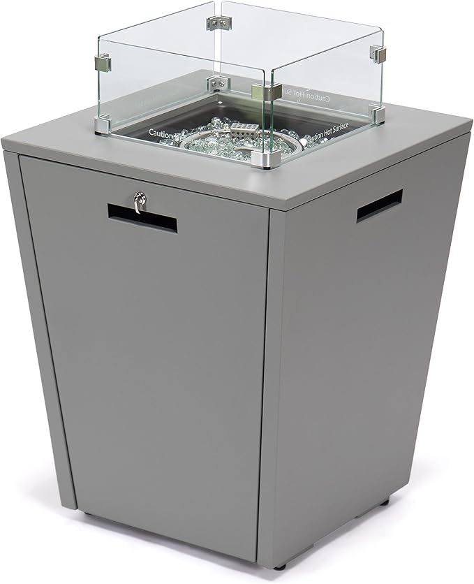LeisureMod Chelsea 32" Modern Gas Fire Pit Table – 37,000 BTU CSA Certified Propane Steel Outdoor Table with Tempered Glass Wind Guard and Lid for Patio (Grey)