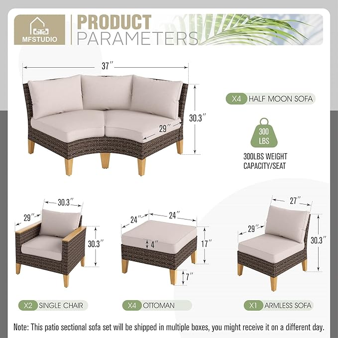 MFSTUDIO Extra Large Wicker Patio Furniture Sets, 10 Pieces All-Weather Half-Moon Curved Rattan Patio Sectional Sofa Set Outdoor Conversation Set with 4" Thick Beige Cushions for Backyard Porch