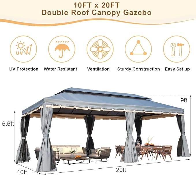 MELLCOM Grey 10x20 Outdoor Patio Canopy Gazebo, Double Roof Patio Pergolas Steel Frame with Netting and Shade Curtains for Garden,Party Canopy