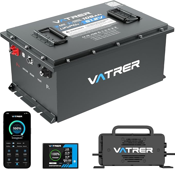 VATRER POWER 48V 105Ah Lithium Golf Cart Battery, Built-in Smart 200A BMS, with Touch Monitor & Mobile APP, 4000+ Cycles Rechargeable LiFePO4 Battery, Max 10.24kW Power Output, Perfect for Golf Carts
