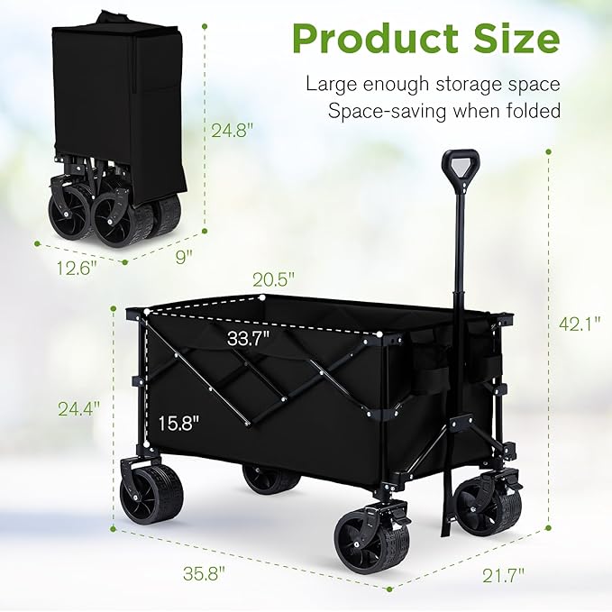 Bezseller Collapsible Wagon 400 lbs, Wagons Carts Foldable, Beach Carts with Big Wheels for Sand, Utility Grocery Shopping Cart for Grocery, Sports, Garden, Shopping and Camping, Black