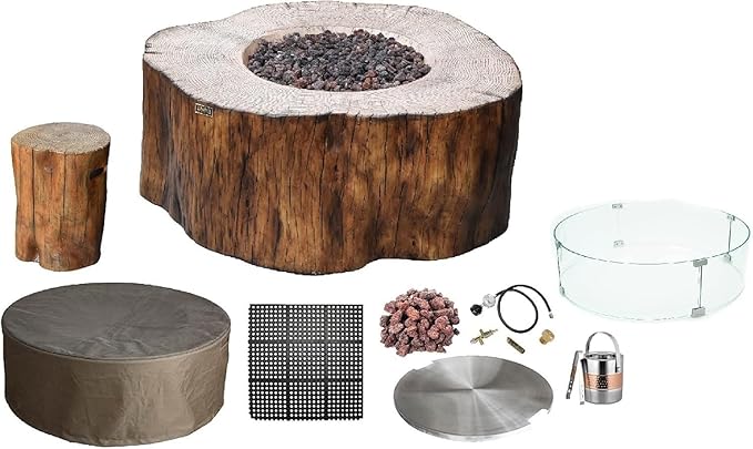 Elementi Lunar Bowl Cast Concrete Fire Table Bundle, Outdoor Fire Pit Fire TablePatio Furniture, Light Gray (Liquid Propane Gas)