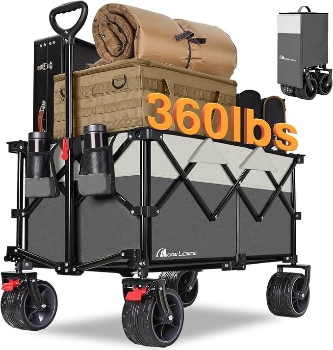 MOON LENCE Collapsible Foldable Wagon Cart, 220L Large Weight Capacity Folding Utility Wagon with All-Terrain Big Wheels, Utility Cart Wagon for Garden, Grocery, Shopping, Camping, Beach, Picnics