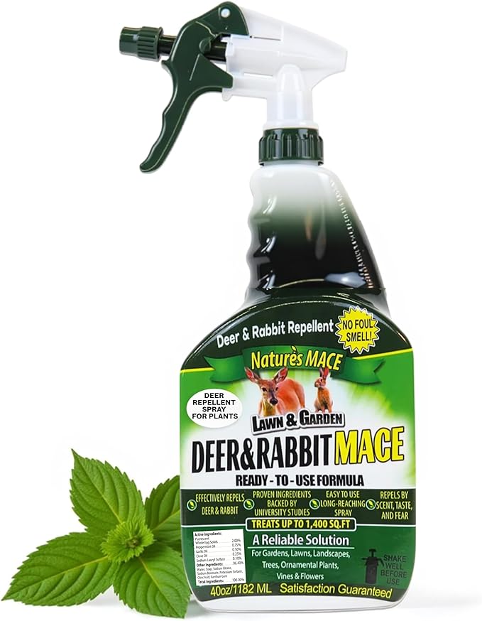 Nature’s Mace Deer and Rabbit MACE, Deer Repellent Spray For Plants, 40oz Ready-To-Use, Deer Deterrent, For Home & Garden, Protect Plants Fast, Keep Deer Out, Safe Around People, Pets, Plants, Produce