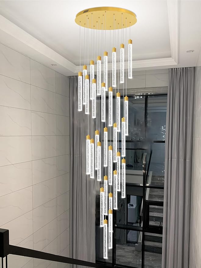 177‘’ Long Bubble Crystal Chandelier Extra Large Gold 30-Lights High Ceiling Chandelier Dimmable Pendant Lighting Staircase Foyer Entryway Light Source is Replaceable