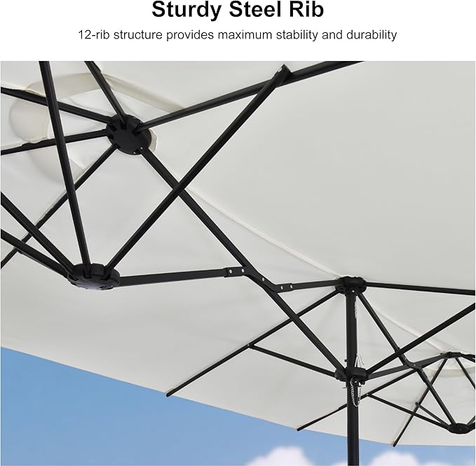 PURPLE LEAF 14ft Patio Market Umbrella with Base Double-Sided Rectangle Outdoor Table Sun Umbrellas with Crank 12 Heavy Duty Sturdy Ribs for Pool Beach Deck Backyard Cream