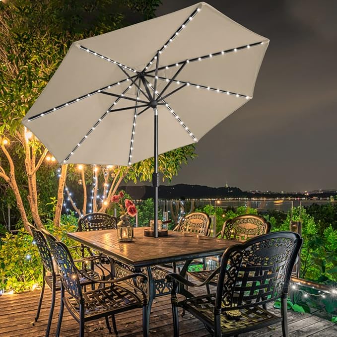 EliteShade USA 10-Year-Non-Fading Solar 9ft Market Umbrella with 80 LED Lights Patio Umbrellas Outdoor Table Umbrella with Ventilation, Antique Beige