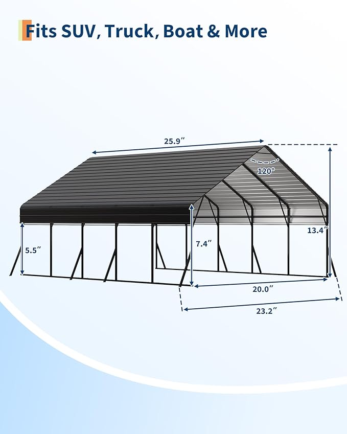 20x25 FT Heavy Duty Metal Carport Kit, Reinforced Frame with Anchors, for Trucks, Boats, RV, Tractor, 100MPH Wind & 35PSF Snow Rating, Easy Assembly