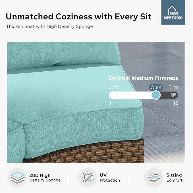 MFSTUDIO 12 Pieces Wicker Patio Furniture Set, All-Weather Rattan Outdoor Half-Moon Curved Sectional Sofa Set, 4 x Curved Sofa, 2 x Armless Couch, 4 x Ottomans, 2 x Corner Chair(Aqua Blue Cushion)