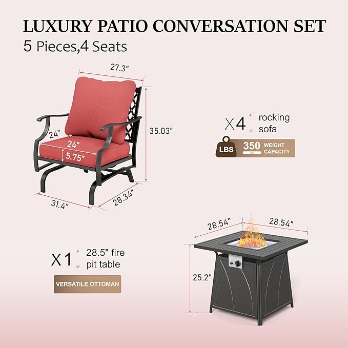 HERA'S HOUSE 5 Pieces Patio Furniture Set with Fire Pit Table, 4 x Thick Cushioned Rocking Chairs, 1 x 28 Fire Pit Table (50,000 BTU), Outdoor Conversation Set for Garden, Backyard, Lawn, Red