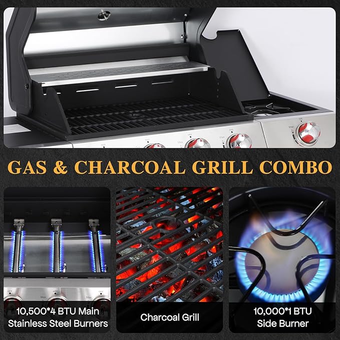 CIG GARDEN 4 Burner Gas Grill Combo with Side Burner, 3 in 1 Gas BBQ Grill with Charcoal Grill and Griddle, 52,000 Outdoor Barbecue Grill Perfect for Outdoor Cooking, Balcony, Backyard, Camping