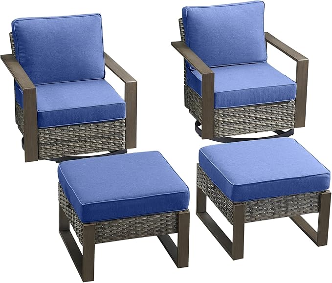 Rilyson Outdoor Wicker Patio Furniture Set - 4 Piece Patio Conversation Set with 2 Wicker Swivel Rocker Chairs,2 Rattan Ottoman, Thick Cushions, Deep Seating, Wide Armrest(Mixed Grey/Blue)