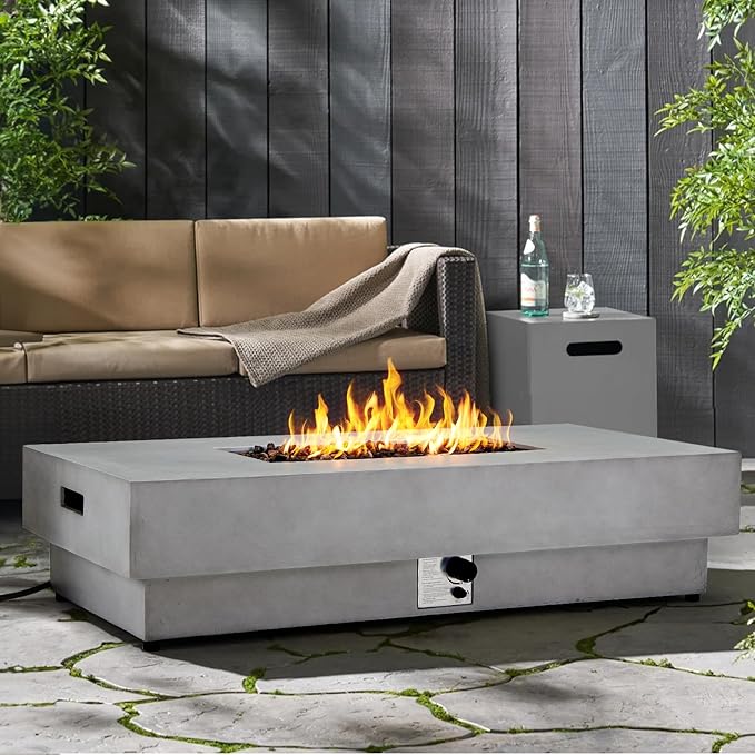 60-inch Outdoor Propane Fire Pit Table Set - 2-Piece, 50,000 BTU, Concrete Large Rectangular Fire Table with Lid, Propane Tank Table, Lava Rocks, Rain Cover - Perfect Firepit for Outdoor Use