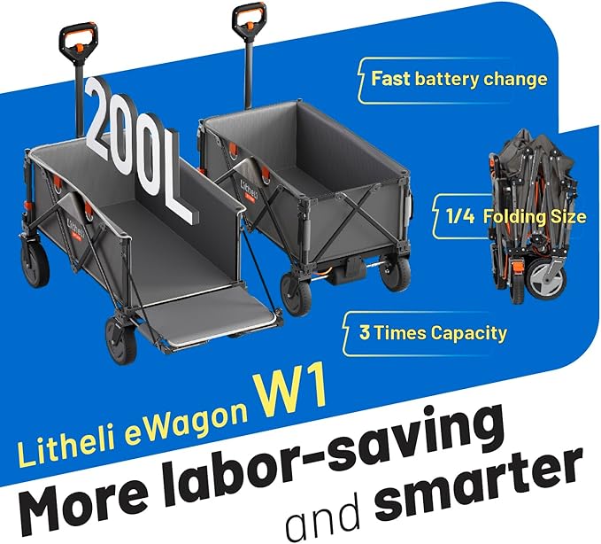 Litheli Electric Wagon Cart with 1 Battery, All-Terrain Wheels & Variable Speed | 200L Capacity, 300 lbs Heavy-Duty Utility Wagon for Camping Beach Garden Shopping, SE-Grey