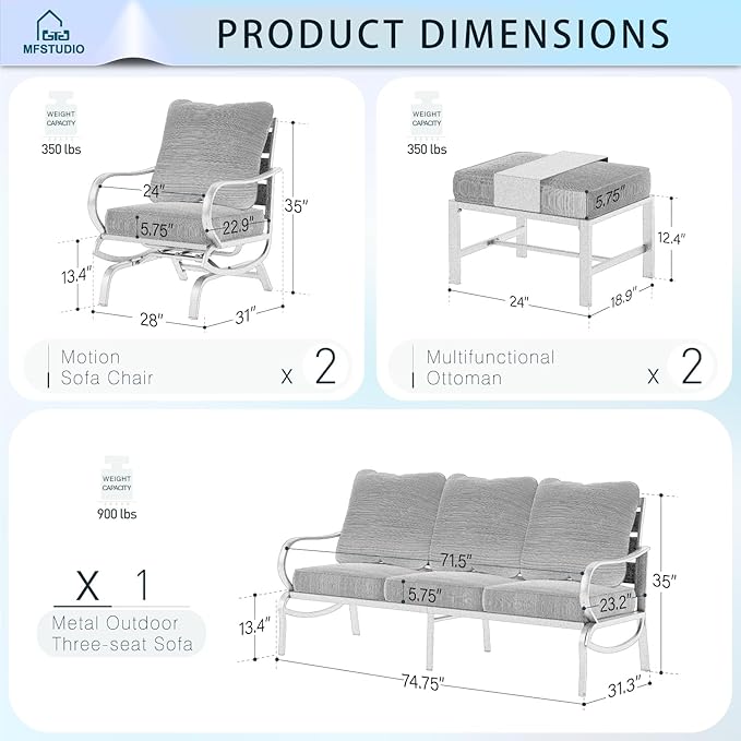MFSTUDIO 5 Pieces Patio Conversation Sets,Outdoor Metal Furniture Sofas with 1 x 3-Seat Sofa, 2 x Rocking Chairs,2 x Ottoman,Wrought Iron Frame with Navy Cushion for Patio Courtyard Balcony