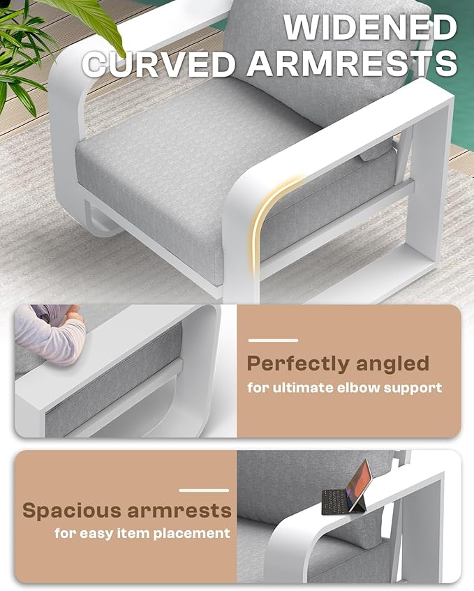 Oasbira Aluminum Outdoor Patio Furniture Set, 5 Piece Oversized Patio Conversation Sets Widened Armrest & Ultra-Thick Cushions, Heavy Duty Modern Sectional Furniture for Backyard, Porch, White