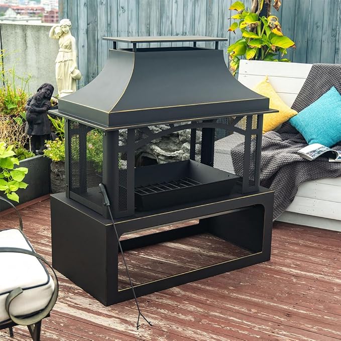 40" Wood Burning Fireplace, Outdoor Fireplace with Wood Storage and Removable Fire Grill, Steel Fire Pit, Woods Burning Chimney for Outside Patio Deck Garden Backyard (Black)