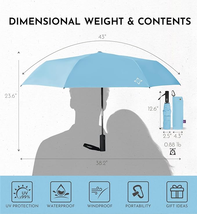UV Travel Umbrella for Sun Protection & Rain, Compact Windproof Folding, Refined craftsmanship, Auto Open/Close, 43" Canopy with color coating, UPF 100+ UV Blocking, TSA Approved