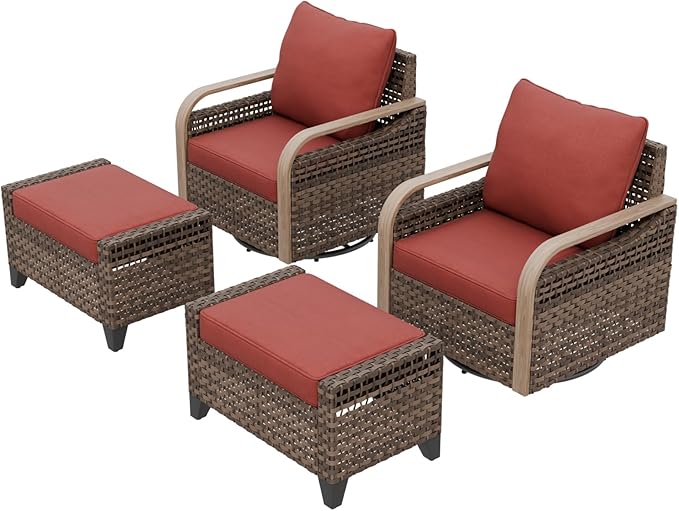 EAGLE PEAK Modern Wicker Outdoor Glider Rocking Chair, Swivel Rocker, Rattan Patio Furniture for Yard Deck Porch Garden, 2 Chairs 2 Ottomans, 4 Piece, Brown/Red