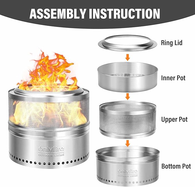 ONLYFIRE OUTDOOR LIVING Wood Burning Fire Pit with Carrying Bag, 19.5” Detachable Portable Firepit for Camping Tailgating Patio Backyard Bonfire, Perforated Smokeless Fireplace, Stainless Steel FP037