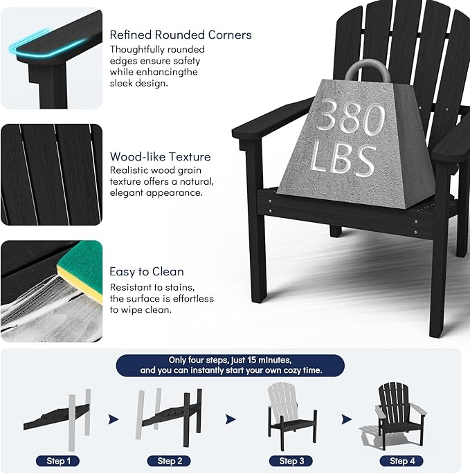 nevilywood Compact Stackable Adirondack Chairs Set of 2, 26.3" Wide HDPE Outdoor Patio Chairs - Durable, Space-Saving Design for Porch, Lawn or Garden, Black