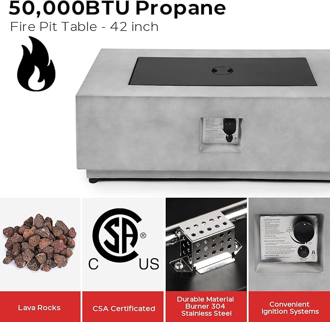 42 Inch Propane Fire Pit Table w/Tank Cover Table, Modern Gas Fire Pits for Outside Patio, CSA Certified Ignition Systems Firepit, 50,000 BTU Outdoor Fire Table for Patio Backyard Deck