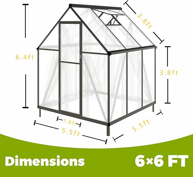 6 x 6 FT Greenhouse for Outdoors,Aluminum Large Walk-in Greenhouse,Dark Gray