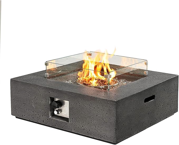 SUNBURY Outdoor Travertine Fire Pit Table, Propane Burning FirePit, 35 inch Square Patio Fire Table 50,000 BTU Fire Pit for Outside with Waterproof Cover, Light Gray