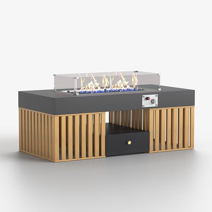 47.24" Outdoor Gas Fire Pit Coffee Table with Wood Storage Drawer and Tempered Glass Wind Guard, Stainless Steel Tabletop Patio Fire Pit Table for Backyard, Garden, Picnic or Party