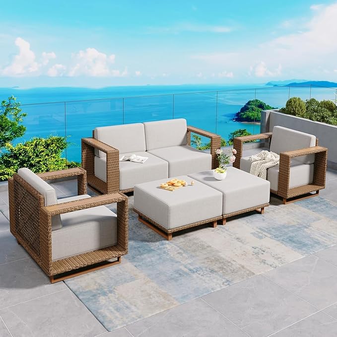Sectional Outdoor Patio Furniture,Outdoor Rattan Wicker Sectional Sofa with 10''Ultra-Thick Cushions,All Weather Patio Conversation Set for Lawn Garden Backyard,Beige