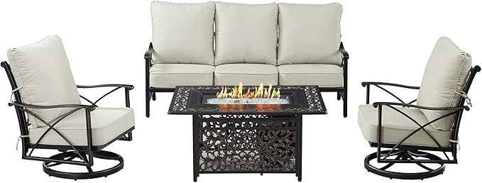 Oakland Living Black Aluminum Fire Table Set with Deep Seating Sofa with Cushion and Two Club Chairs