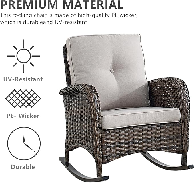 HUMMUH 5 Pieces Wicker Patio Furniture Set,Outdoor Rocker Chairs,Patio Ottomans,Glass Top Side Table,Outdoor Conversation Set for Porch Deck Backyard Poolside