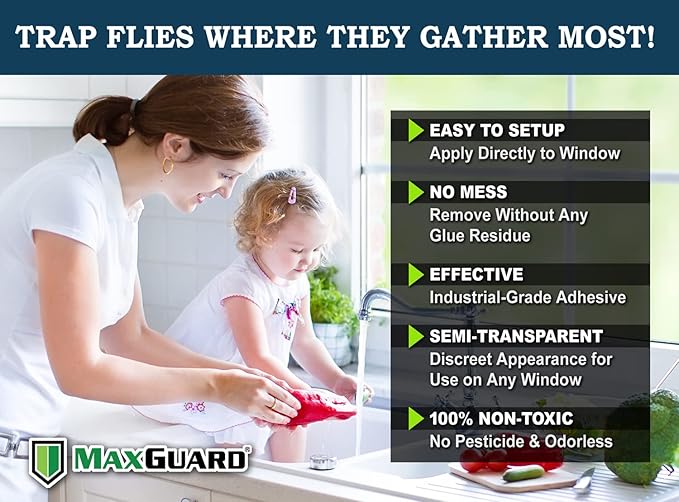 MaxGuard Window Fly Traps (24 XL Traps) Catch & Kill Houseflies, Flying Insects & Bugs. Non-Toxic Sticky Glue Traps Fly Killer Clear Strip Insect Catcher Safe No Zapping with Zapper |