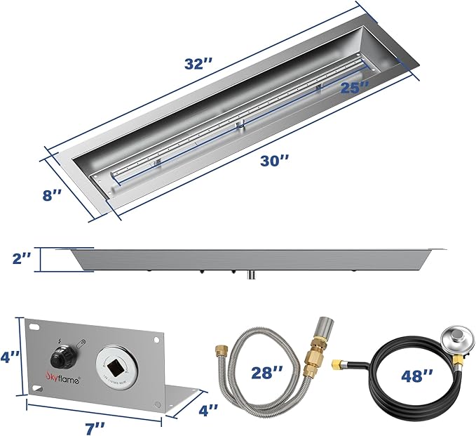 Skyflame 30 x 6 Inch Liner Fire Pit Pan Kit, Stainless Steel Drop-in Fire Pit Pan and Burner, Come with Spark Ignition and Propane Hose, Indoor/Outdoor Fire Table DIY Decorative
