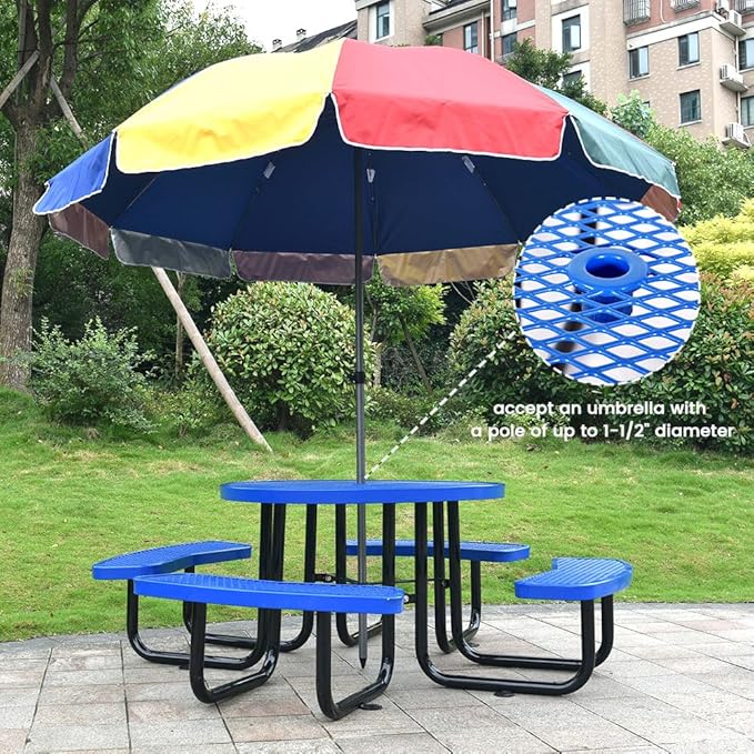 KUFUH 46" Round Metal Picnic Table for 4-8 Person, Durable Heavy Duty Commercial Picnic Table with Umbrella Hole for Outdoor Coffee Shop, School, Hospital, Easy to Install, Blue