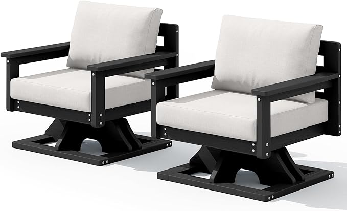 SERWALL Outdoor Swivel Chairs Set of 2, HDPE All-Weather Patio Swivel Sofas with Thick Cushions for Porch, Balcony, Black Frame with Beige Cushions