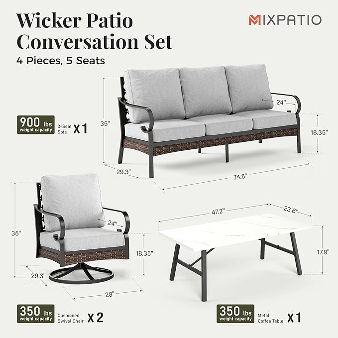 Patio Furniture Set with Coffee Table, Outdoor Conversation Set with 2 x Swivel Chairs, 1 x 3-Seat Sofa for Lawn Garden Backyard, Light Grey