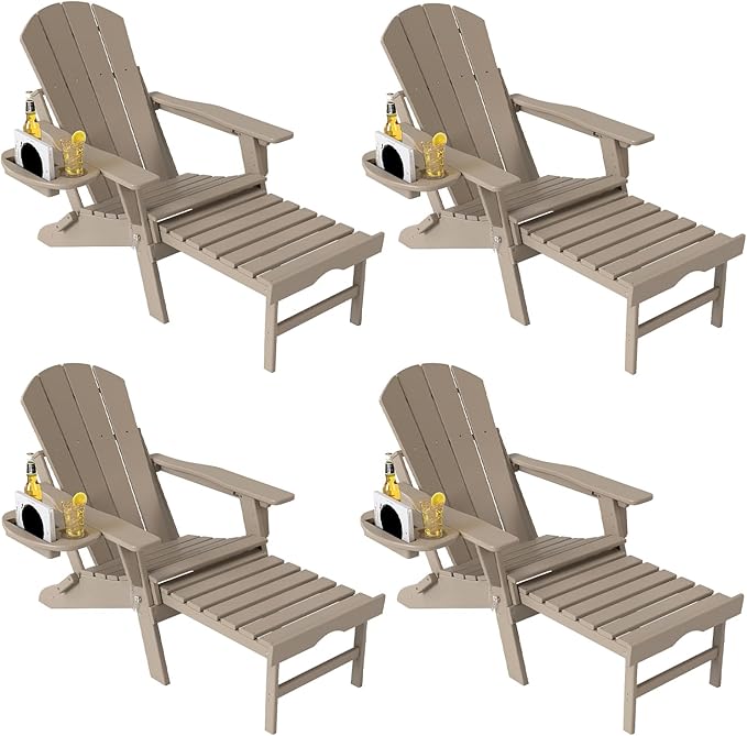 Adjustable Adirondack Chair with Retractable Ottoman Set of 4, HDPE Folding Adirondack Chair with Cup Holder, All Weather Fire Pit Chair for Outdoor.