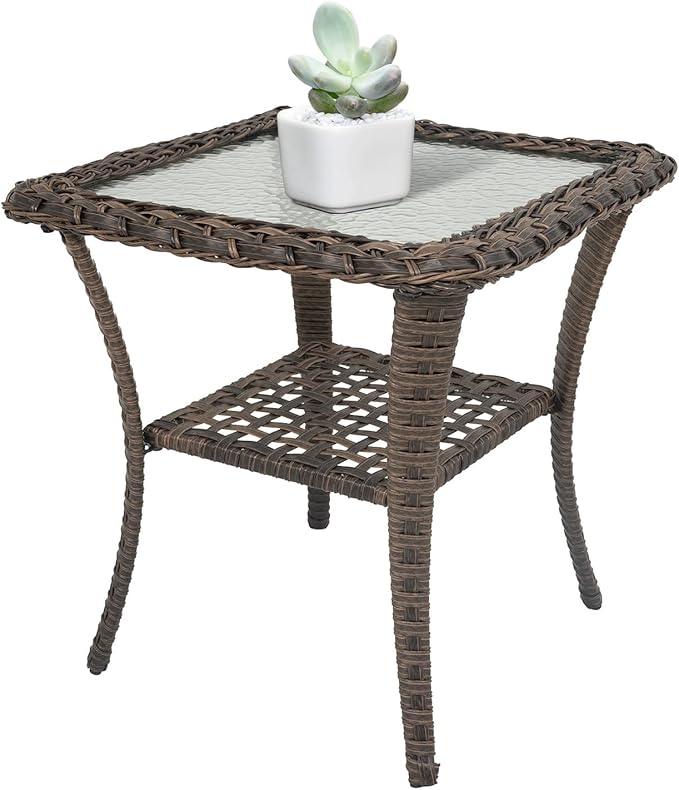 Belord Handwoven Wicker Side Table - 20 Inch Small Outdoor Table 2 Tier Storage with Tempered Glass Top, All Weather Outdoor Patio End Tables for Deck Balcony Outside Brown