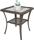 Belord Handwoven Wicker Side Table - 20 Inch Small Outdoor Table 2 Tier Storage with Tempered Glass Top, All Weather Outdoor Patio End Tables for Deck Balcony Outside Brown